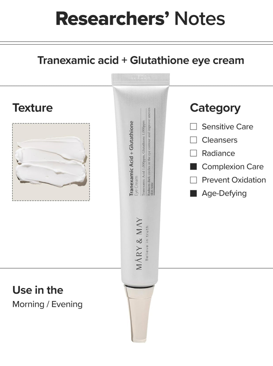 Mary&May Tranexamic Acid + Glutathione Eye Cream - Powerful Antioxidant, Reduces Dark Circles in the Eye, Improve Uneven Skin Tone with Vitamin C