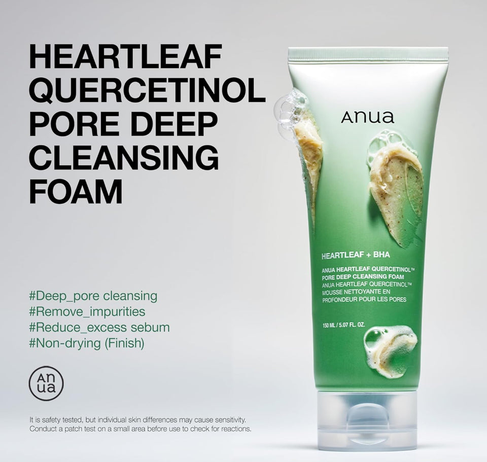 ANUA Heartleaf Quercetinol Pore Deep Cleansing Foam, Facial Cleanser, for Double Cleansing, BHA, Hyaluronic Acid, Glycerin, Face Wash, Blackhead Remover