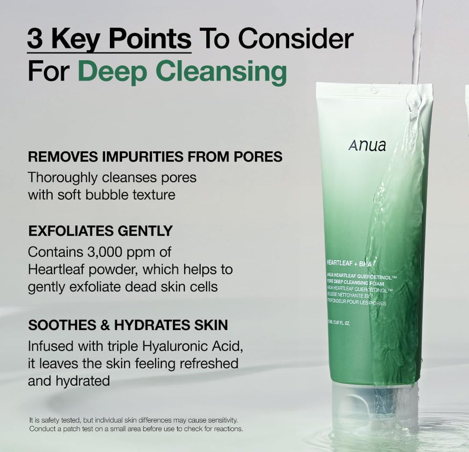 ANUA Heartleaf Quercetinol Pore Deep Cleansing Foam, Facial Cleanser, for Double Cleansing, BHA, Hyaluronic Acid, Glycerin, Face Wash, Blackhead Remover