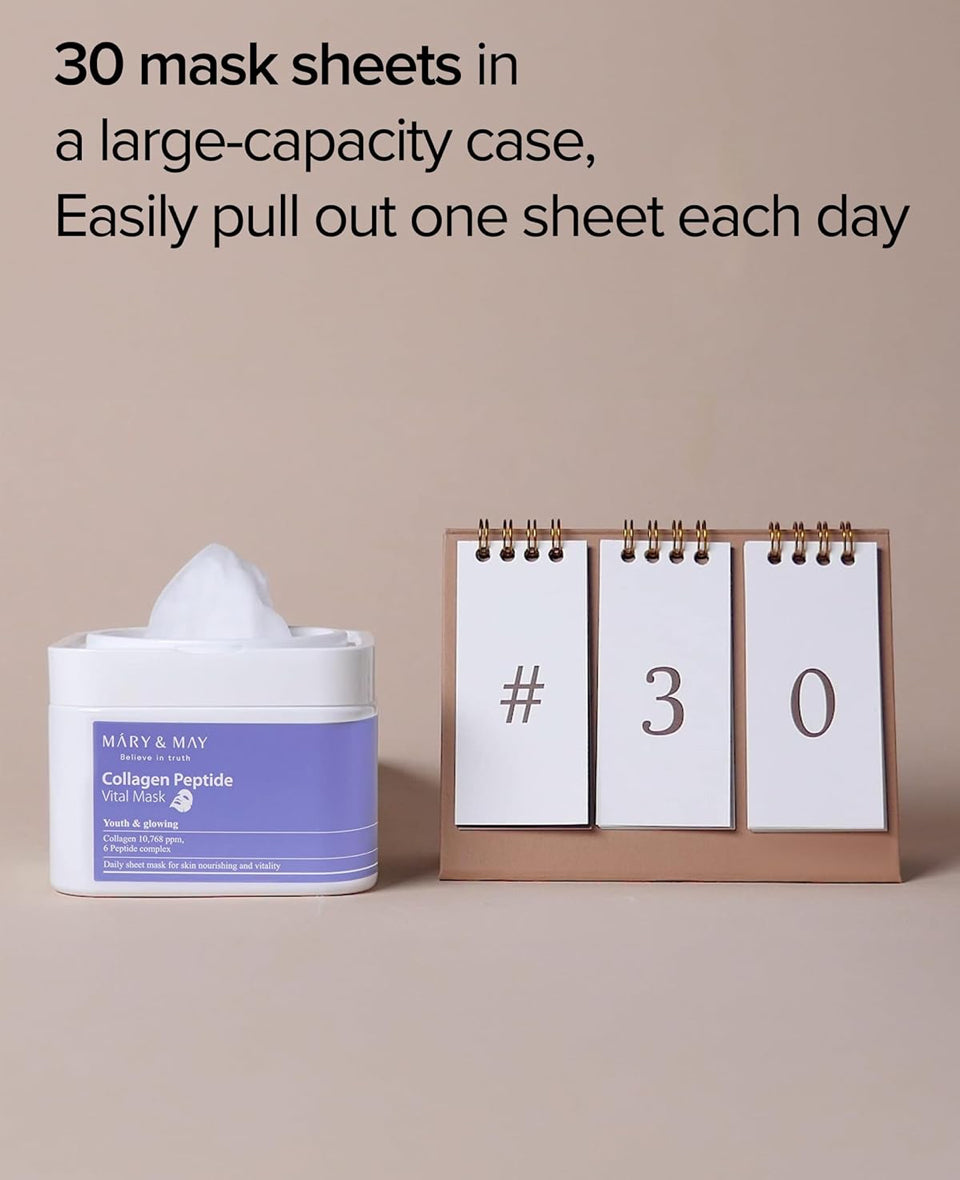 Mary&May Collagen Peptide Vital Mask - Daily Pull-Out Sheet Mask for Wrinkle Improvement, Firming, and Elasticity with Low Molecular Collagen