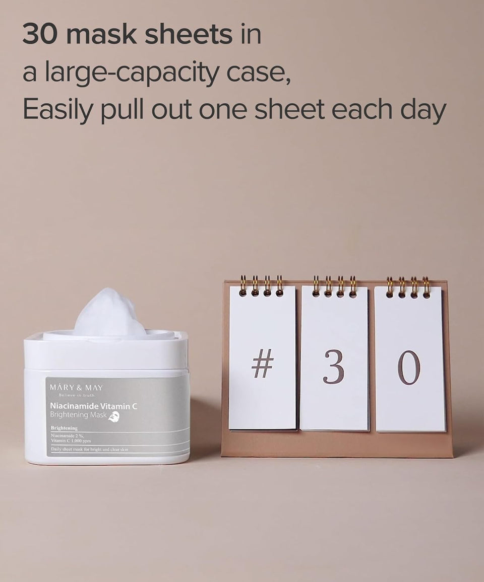 Mary&May Niacinamide Vitamin C Daily Mask - Quick Dispenser Type Korean Face Mask Sheet for Radiance Clear Skin - Dark Spot Correction and Luminous Skin
