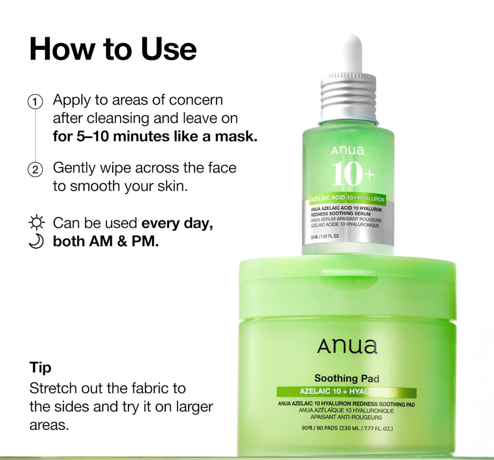 Anua Azelaic 10 Hyaluron Redness Soothing Pad, Troubled & Spot Care with Korean toner pads, Quick & Easy Stretchable Facial Mask with Azelaic acid, Hyaluronic Acid, Korean Skin Care (90 pads)